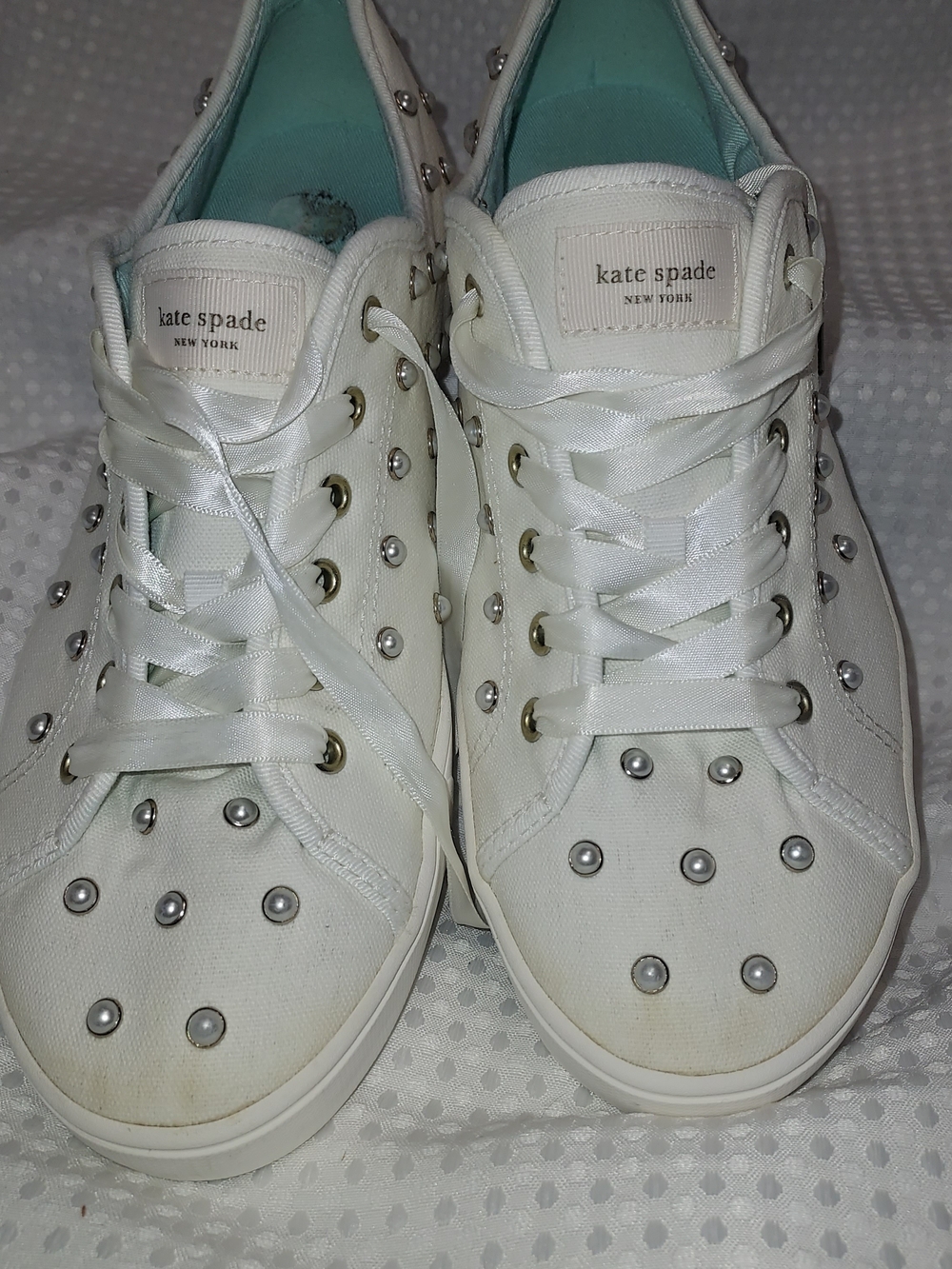 kate spade White Satin Lace-Up Sneakers with Silver Studs